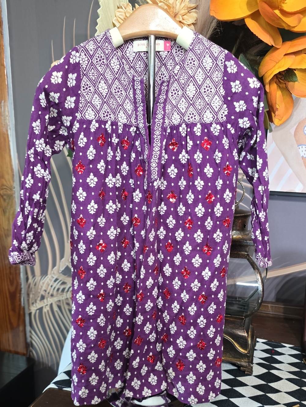 Pink Chicken Purple Floral Dress with Red Sequin Accents